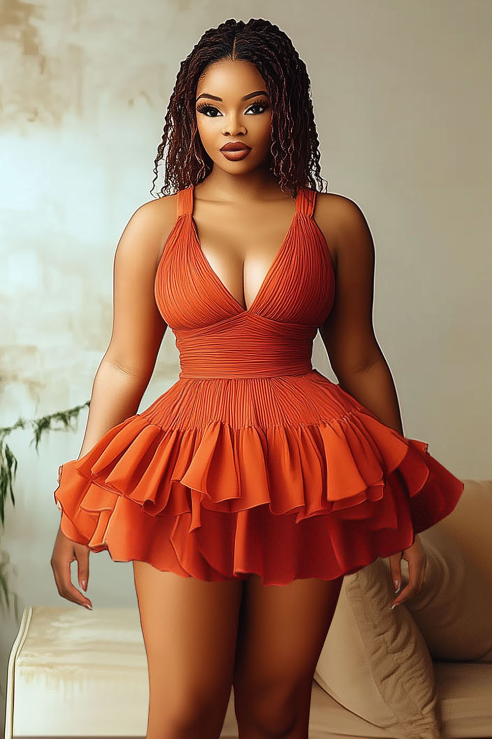 V Neck Straps Cinched Tiered Ruffle Hem Party Mini Dresses-Orange [Pre Order]