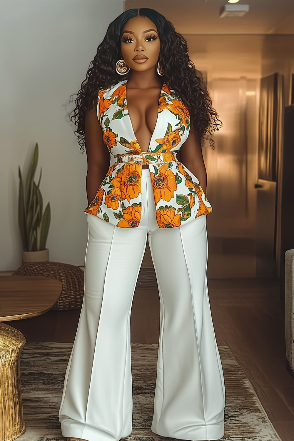 Sunflower Print V Neck Vest Solid Wide Leg Pants 2pcs Set-White [Pre Order]