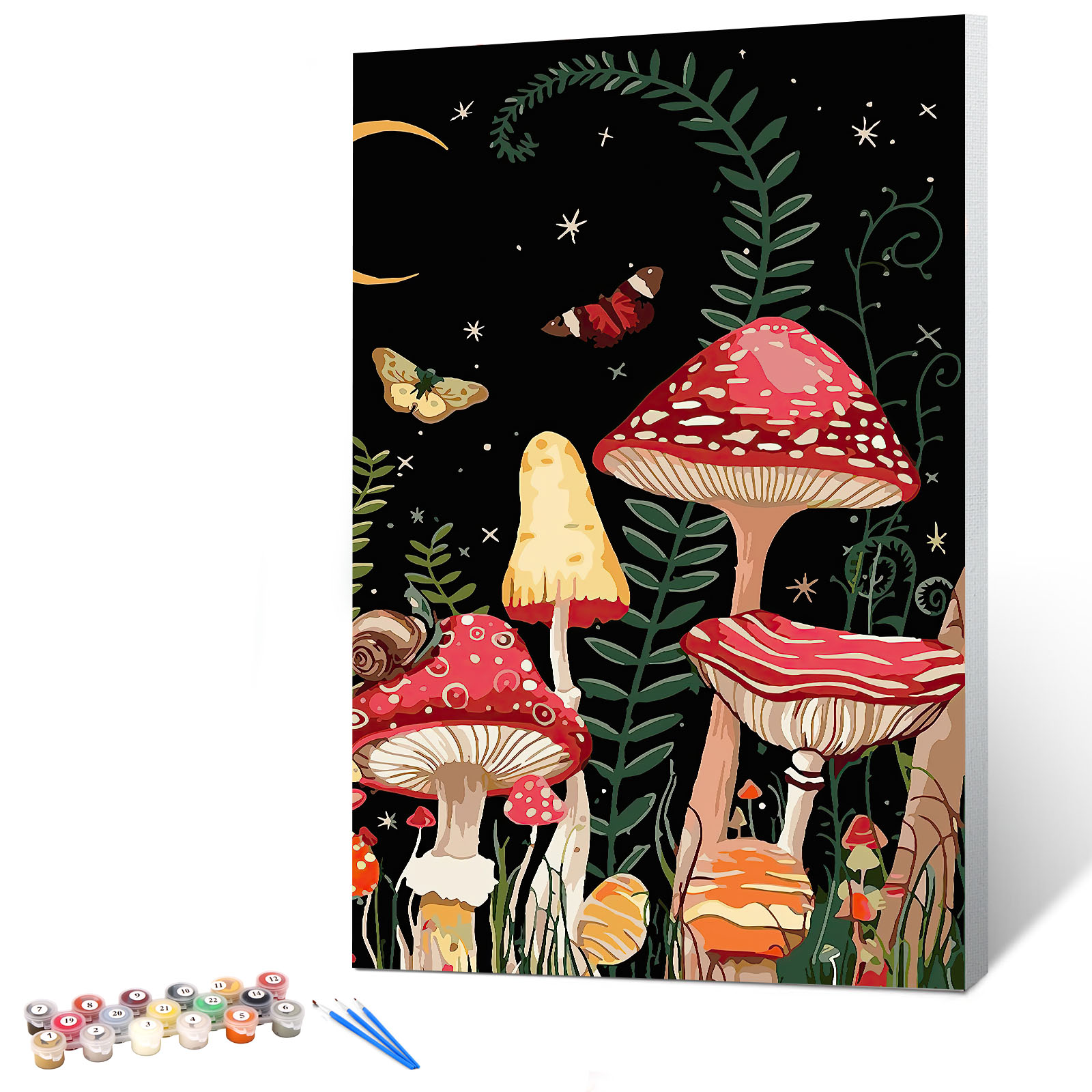  Ginkko Paint by Numbers Kit for Adults Beginner & Kids Ages 8-12 with Wooden Frame Easy Acrylic on Canvas 12x16 inch with Paints and Brushes, Moon Mushroom Forest Butterfly(Include Framed)