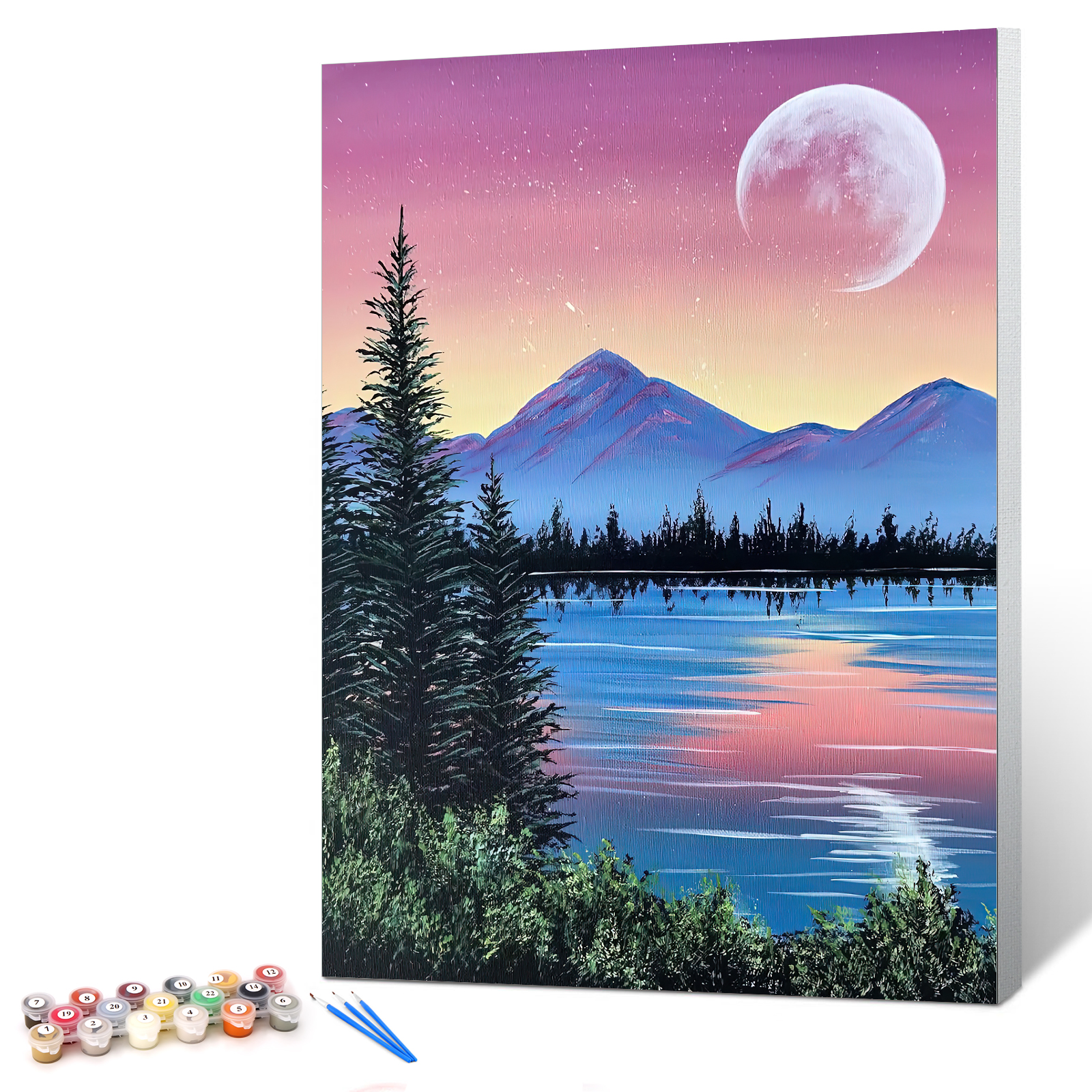 Ginkko Paint by Numbers Kit for Adults Beginner & Kids Ages 8-12 with Wooden Frame Easy Acrylic on Canvas 12x16 inch with Paints and Brushes, Lake Moon (Include Framed)
