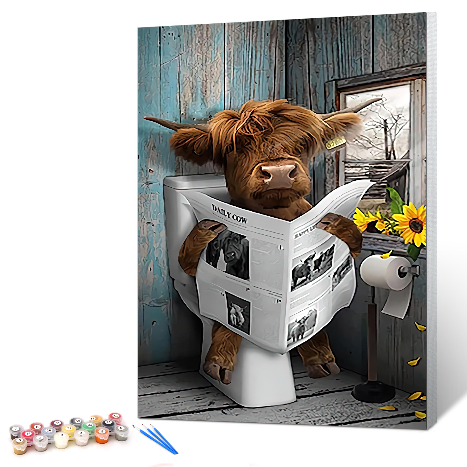 Ginkko Paint by Numbers Kit for Adults Beginner & Kids Ages 8-12 with Wooden Frame Easy Acrylic on Canvas 9x12 inch with Paints and Brushes, Cattle and Newspapers (Include Framed)