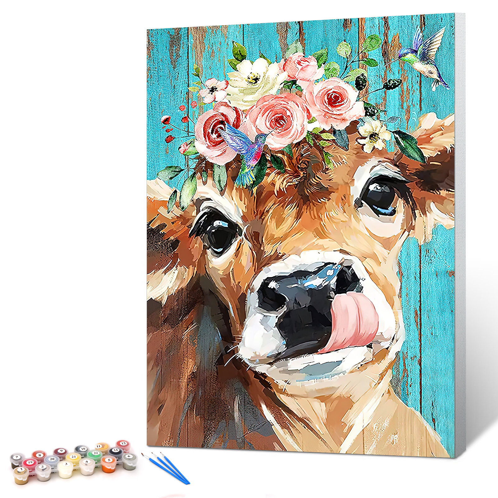  Ginkko Paint by Numbers Kit for Adults Beginner & Kids Ages 8-12 with Wooden Frame Easy Acrylic on Canvas 9x12 inch with Paints and Brushes, Flowers and Cattle(Include Framed)