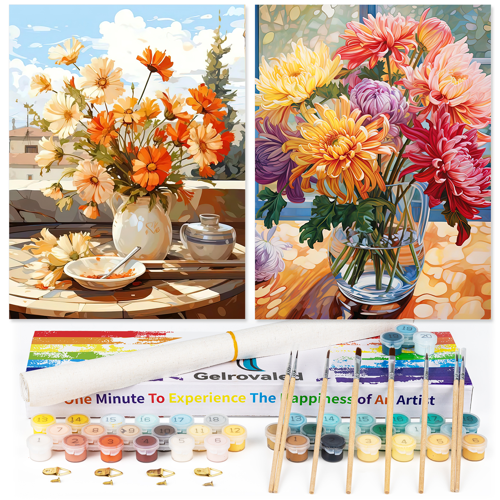 gelrovaled Painting By Numbers Adults, DIY Flower with Brushes and Acrylic Paints Hand Painted Oil Painting Canvas for Home Decor, 30×40CM 2 Pack, (Flower 03)