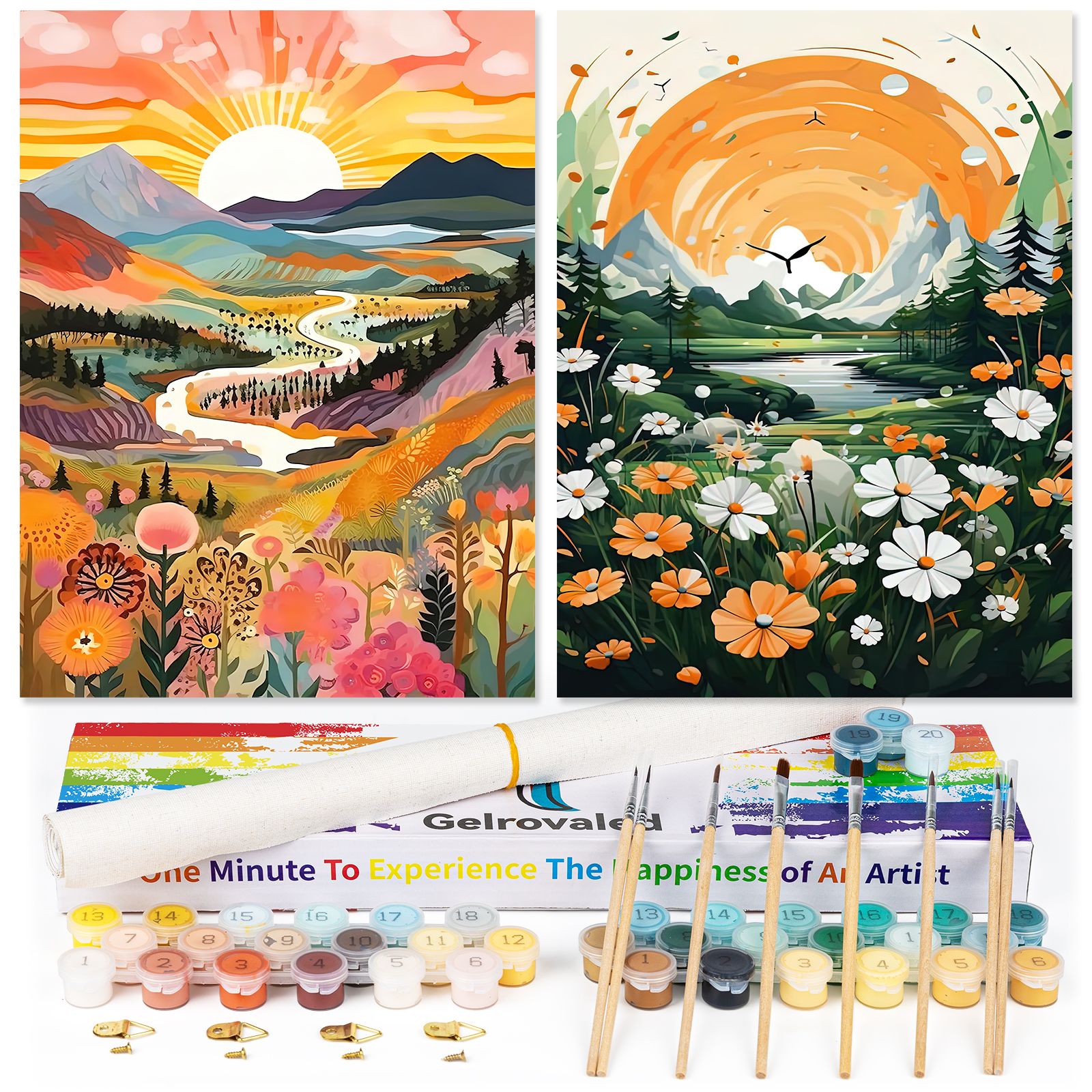 Ginkko Painting By Numbers Adults, DIY Flower with Brushes and Acrylic Paints Hand Painted Oil Painting Canvas for Home Decor, 30×40CM 2 Pack, (sunrise Mountains)