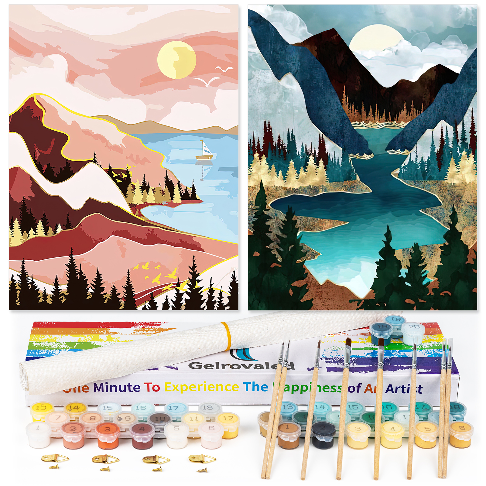 Ginkko Painting By Numbers Adults, DIY Flower with Brushes and Acrylic Paints Hand Painted Oil Painting Canvas for Home Decor, 30×40CM 2 Pack, (Sunset Lake Mountains)