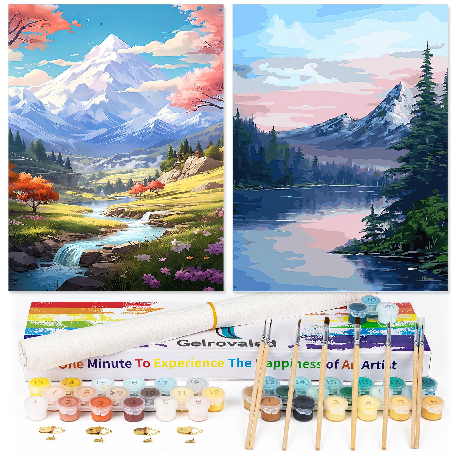 Ginkko Painting By Numbers Adults, DIY Flower with Brushes and Acrylic Paints Hand Painted Oil Painting Canvas for Home Decor, 30×40CM 2 Pack, (Snow Mountain Scenery)