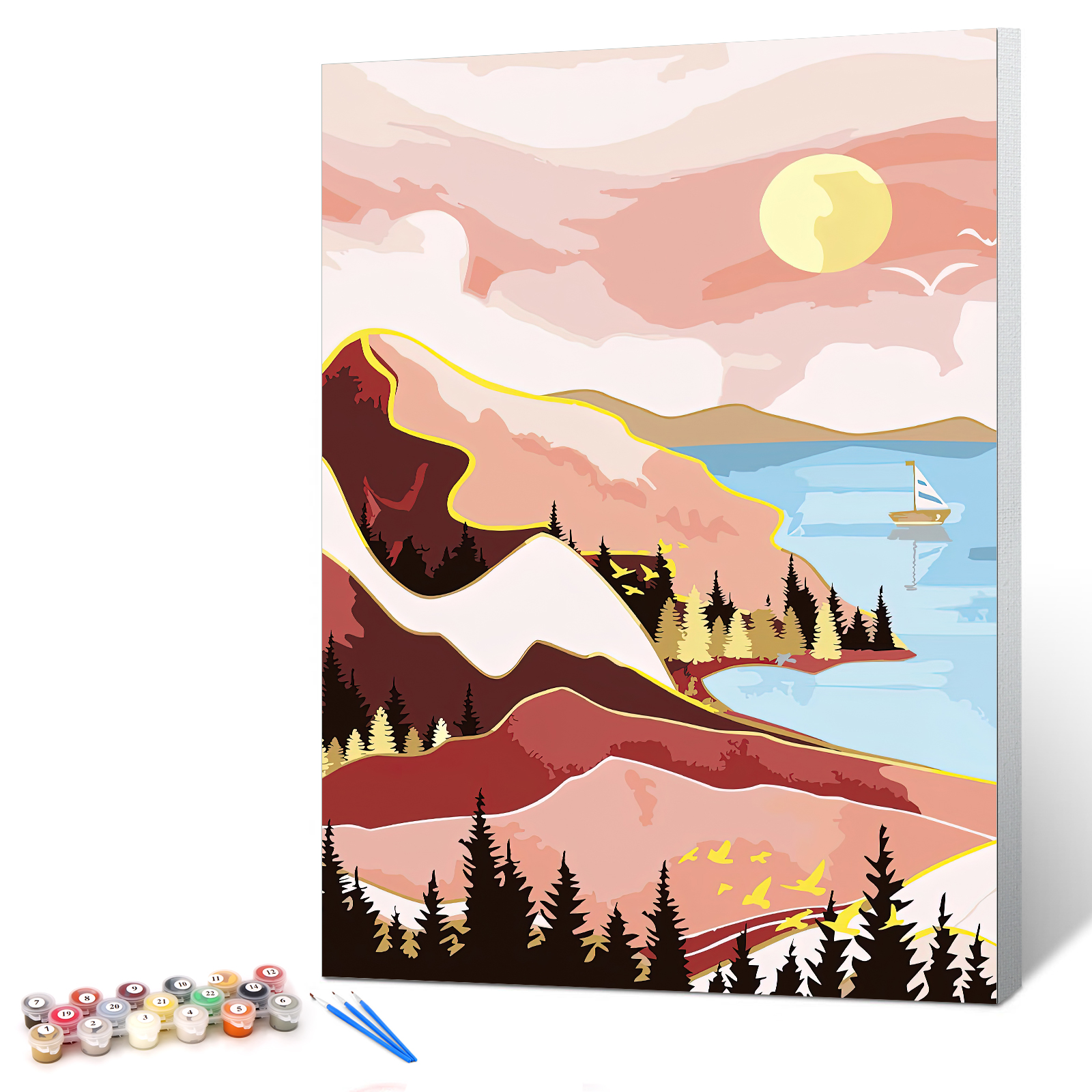 Ginkko Paint by Numbers Kit for Adults Beginner & Kids Ages 8-12 with Wooden Frame Easy Acrylic on Canvas 9x12 inch with Paints and Brushes, Landscape(Include Framed)