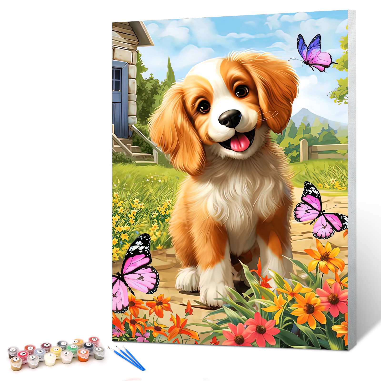 Ginkko Paint by Numbers Kit for Adults Beginner & Kids Ages 8-12 with Wooden Frame Easy Acrylic on Canvas 9x12 inch with Paints and Brushes, Dog and Butterflies(Include Framed)