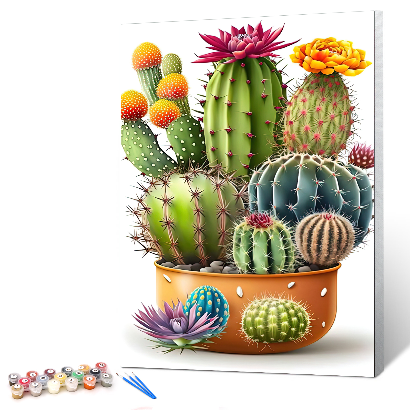 Ginkko Paint by Numbers Kit for Adults Beginner & Kids Ages 8-12 with Wooden Frame Easy Acrylic on Canvas 12x16 inch with Paints and Brushes, Cactus (Include Framed)