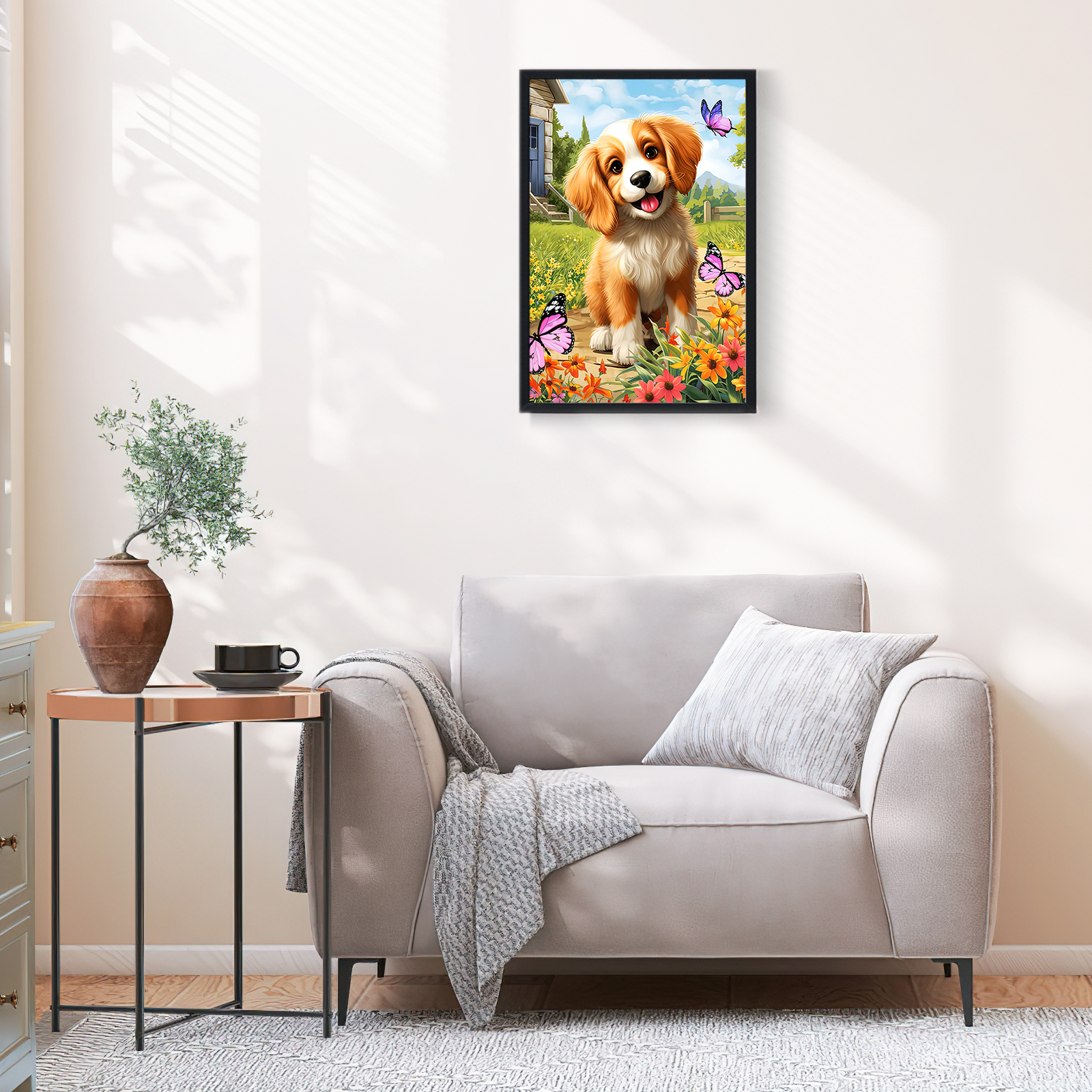 Ginkko Paint by Numbers Kit for Adults Beginner & Kids Ages 8-12 with Wooden Frame Easy Acrylic on Canvas 9x12 inch with Paints and Brushes, Dog and Butterflies(Include Framed)