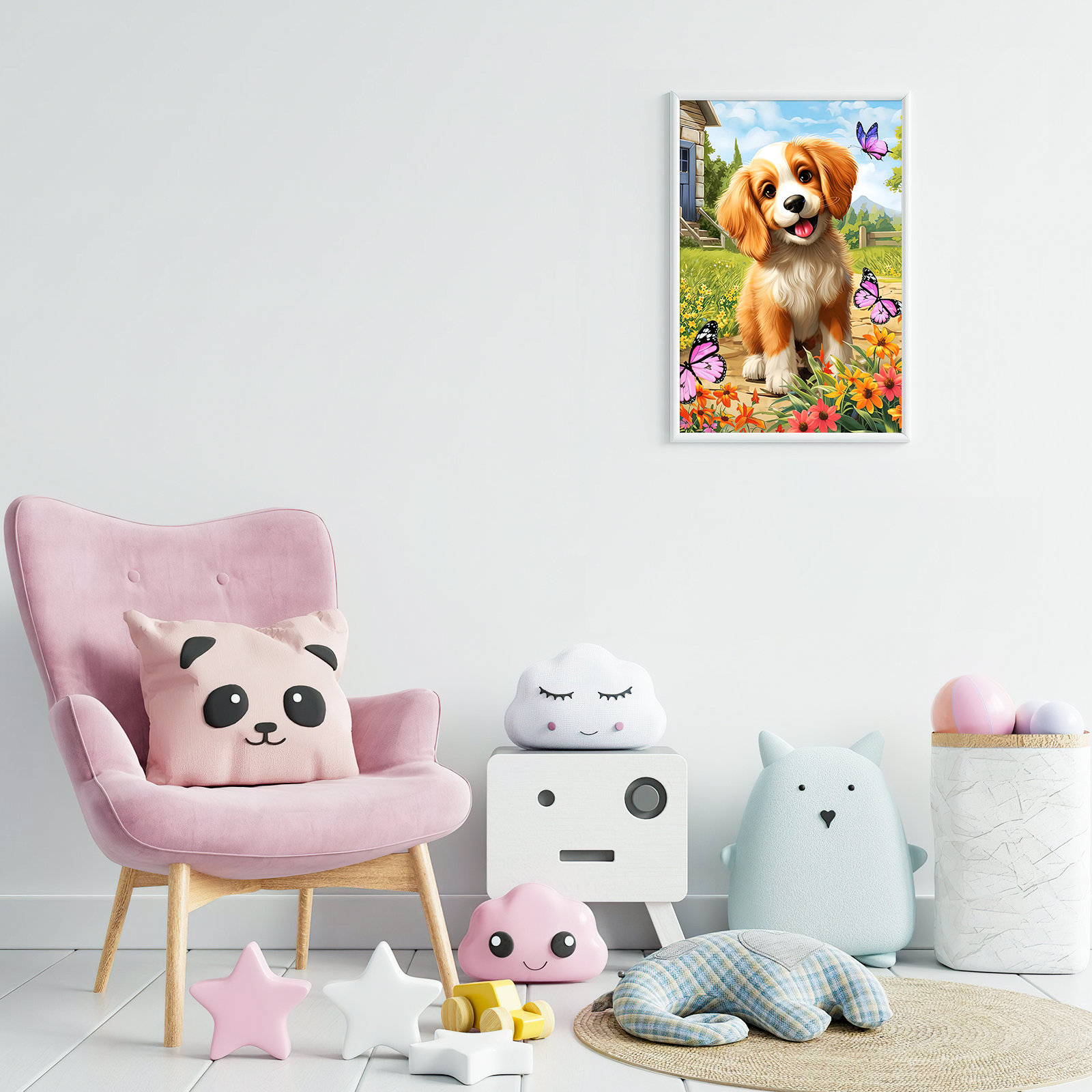 Ginkko Paint by Numbers Kit for Adults Beginner & Kids Ages 8-12 with Wooden Frame Easy Acrylic on Canvas 9x12 inch with Paints and Brushes, Dog and Butterflies(Include Framed)