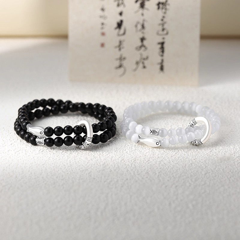 好運錦鯉 · S999純銀黑曜石情侶手串 | 紀念日禮物