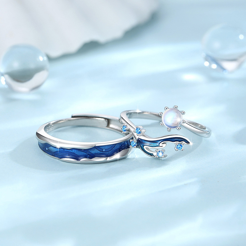 人魚與海 · 琉璃石S925純銀戒指 | 情侶禮物一對