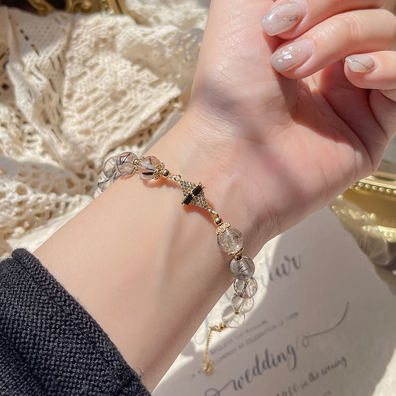 金屬菱形 · 黑髮晶天然水晶手串 | 愉悅和美容