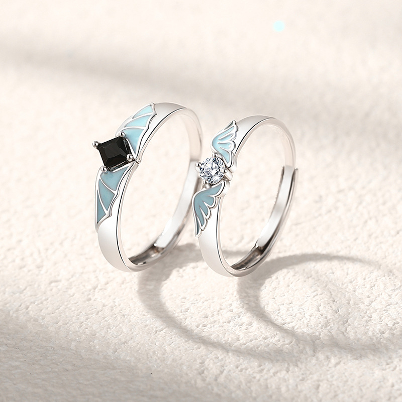 天使與惡魔 · 黑白羽翼S925純銀情侶戒指 | 情侶紀念日禮物一對  