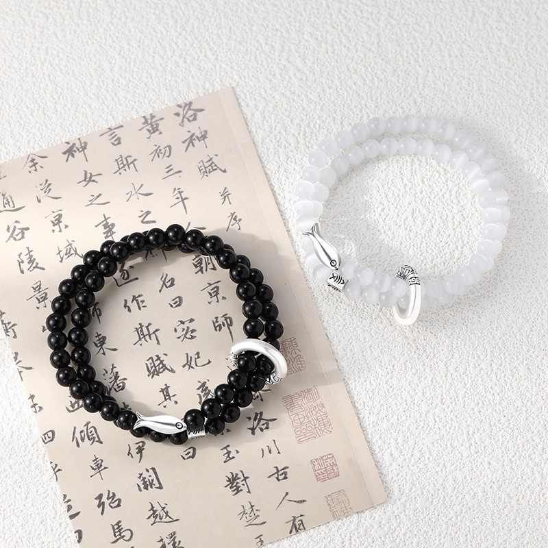 好運錦鯉 · S999純銀黑曜石情侶手串 | 紀念日禮物