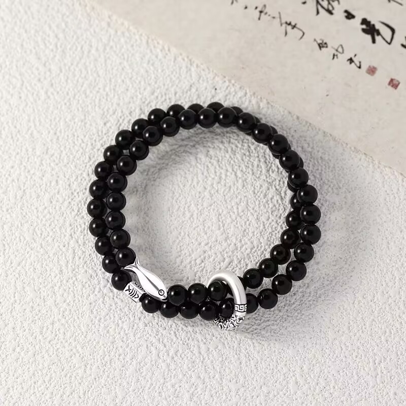 好運錦鯉 · S999純銀黑曜石情侶手串 | 紀念日禮物
