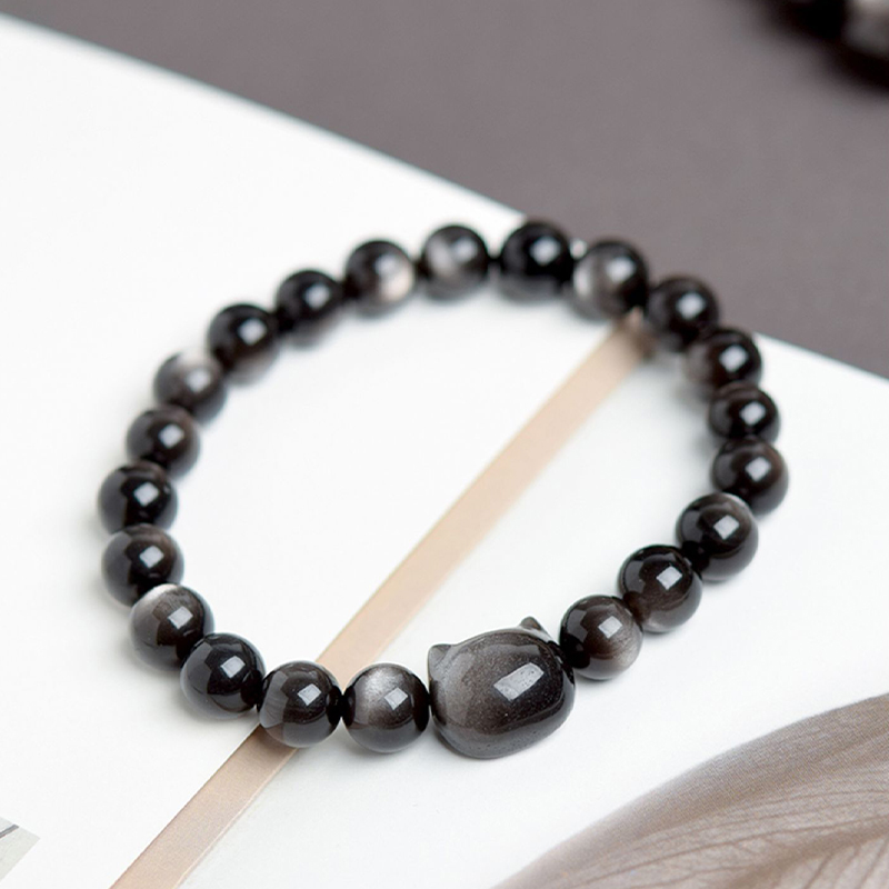 黑夜貓貓 · 天然銀曜石手鍊 | 情侶紀念禮物