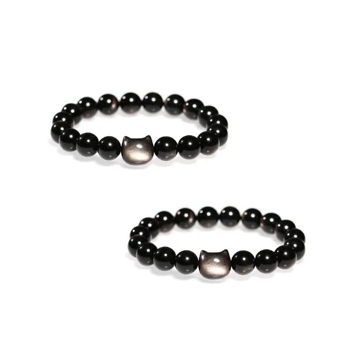 黑夜貓貓 · 天然銀曜石手鍊 | 情侶紀念禮物