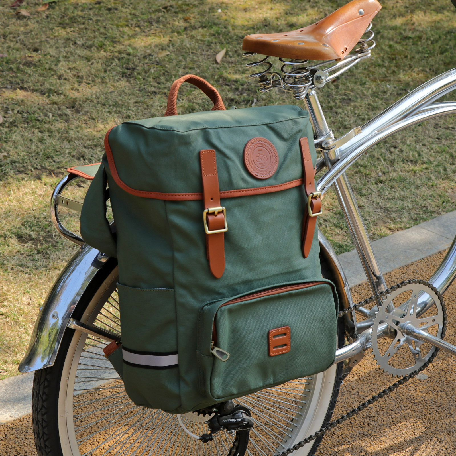 TOURBON Canvas Leather Backpack Pannier for Bicycle Rear Rack, 15 inches Laptop Bag