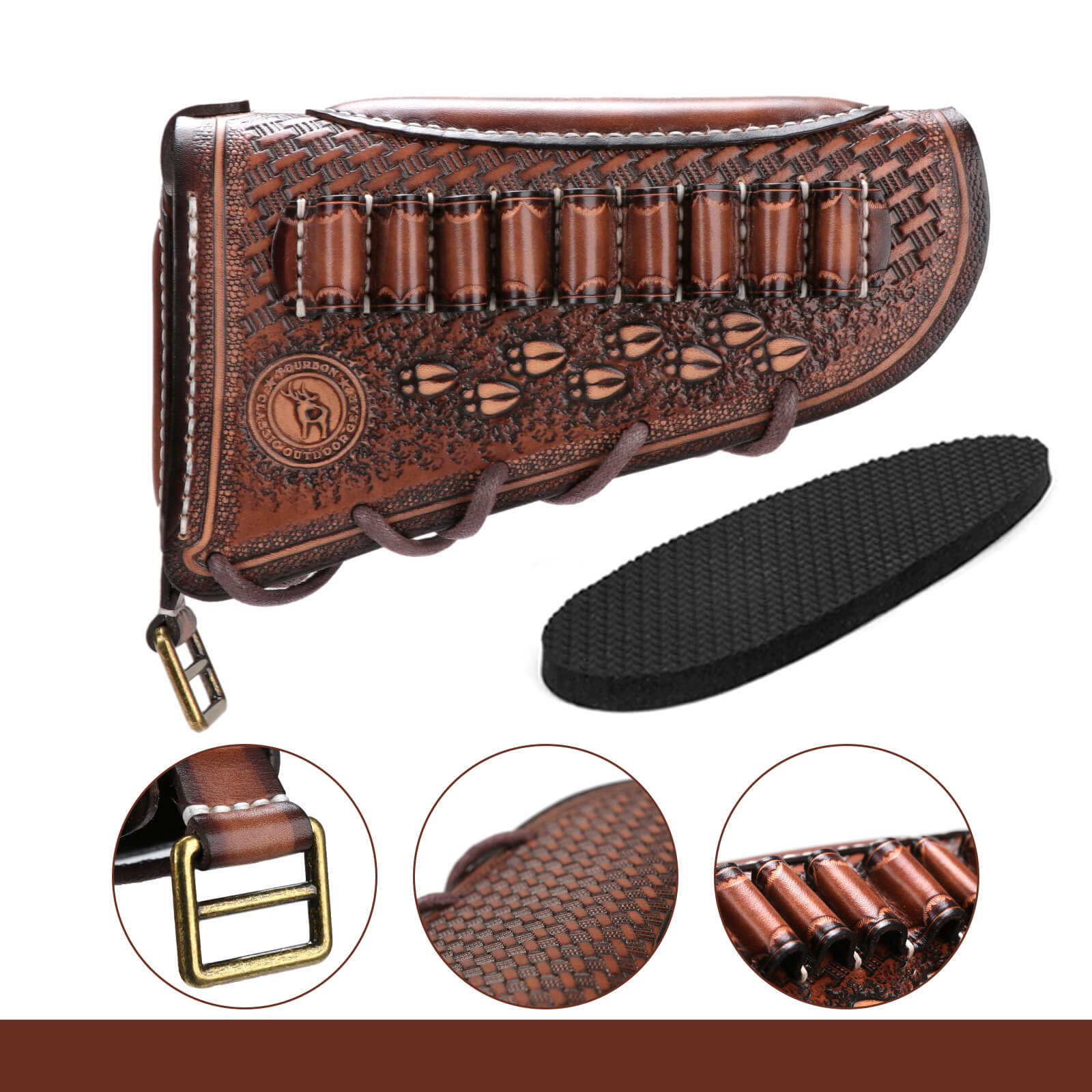 TOURBON Vintage Leather No Drill Sling Cheek Rest Buttstock Recoil Pad