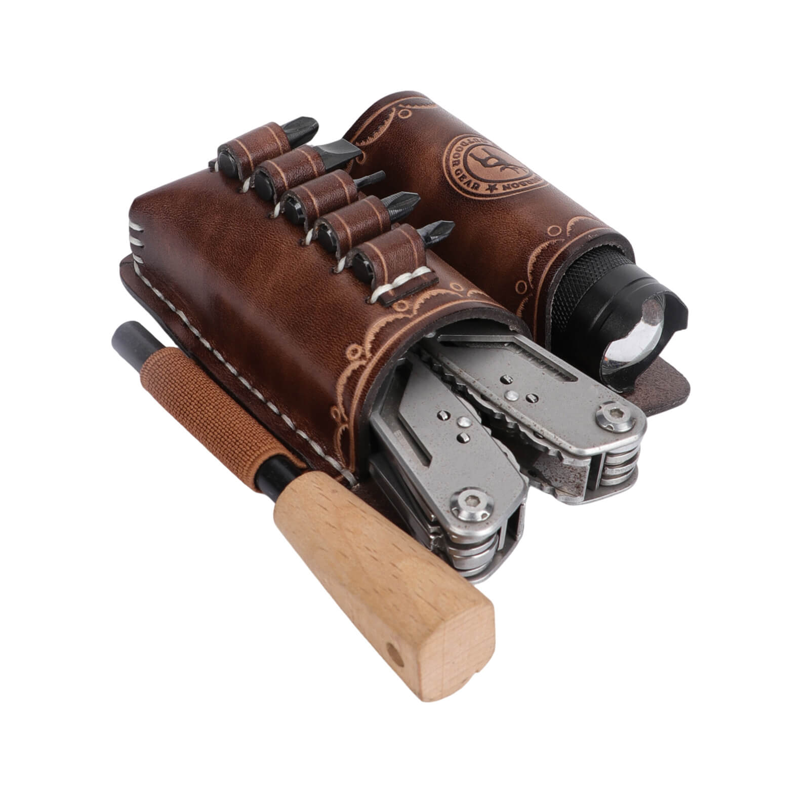 Vintage Genuine Leather Multitool Flashlight Holder  EDC Organizer 