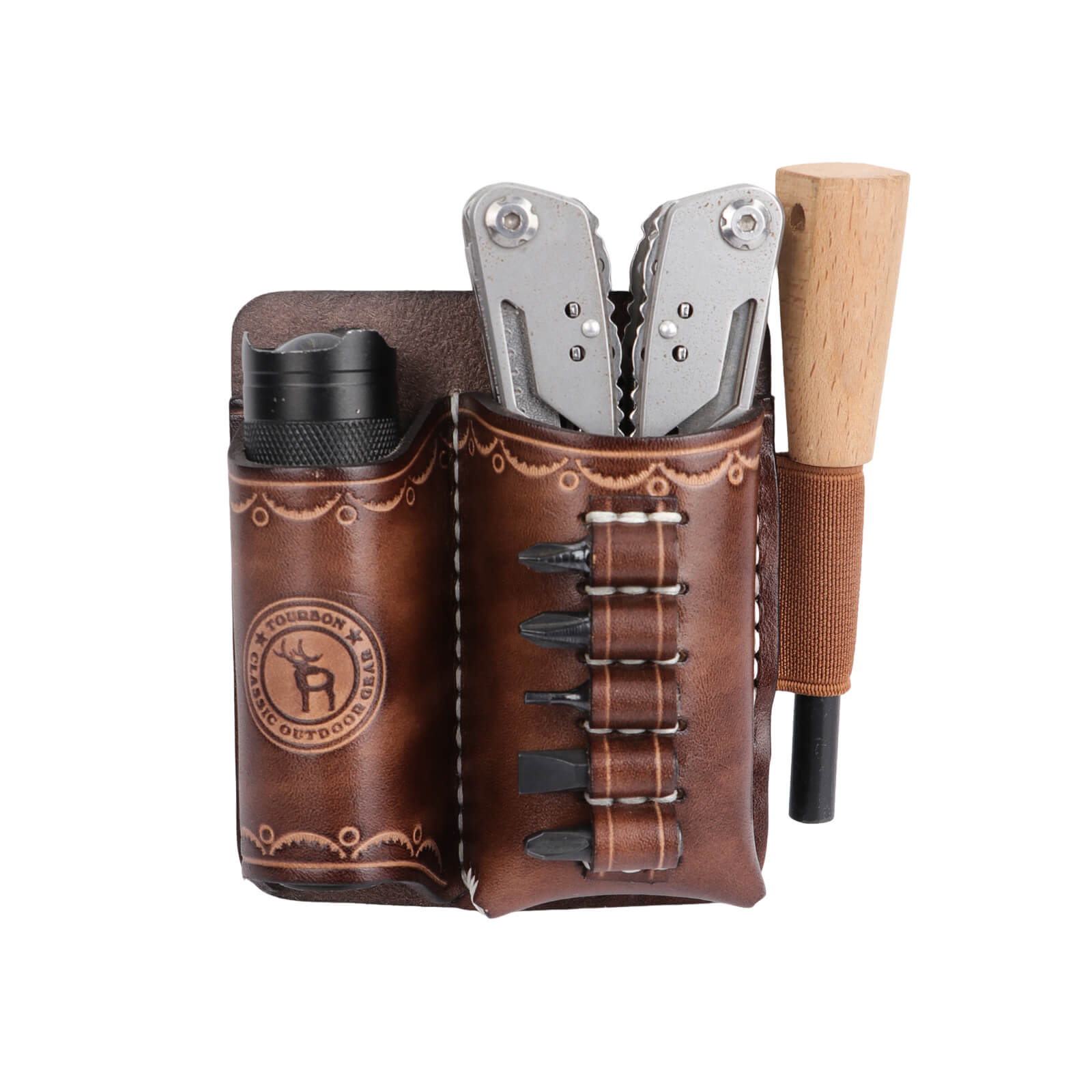 Vintage Genuine Leather Multitool Flashlight Holder  EDC Organizer 
