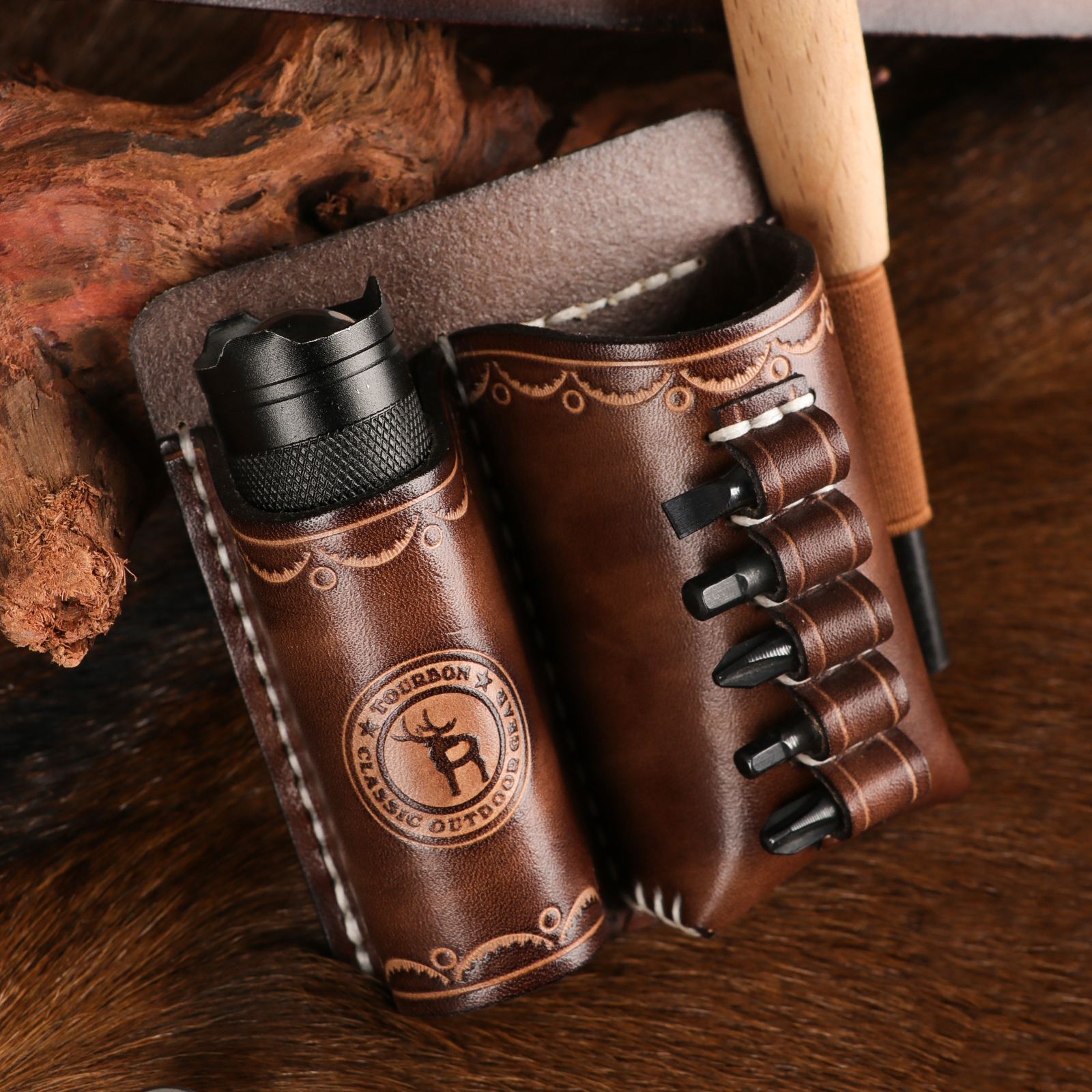 Vintage Genuine Leather Multitool Flashlight Holder  EDC Organizer 