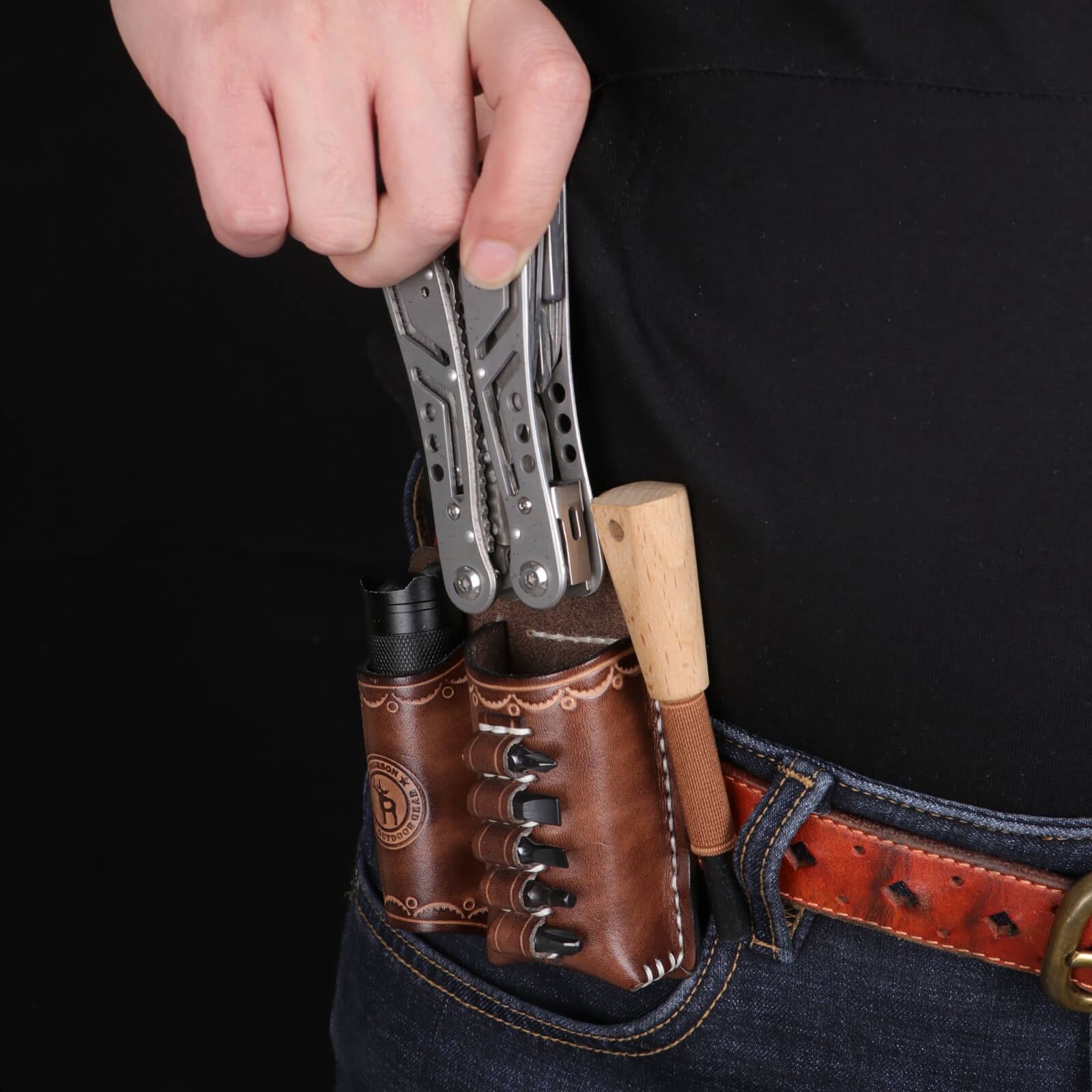 Vintage Genuine Leather Multitool Flashlight Holder  EDC Organizer 