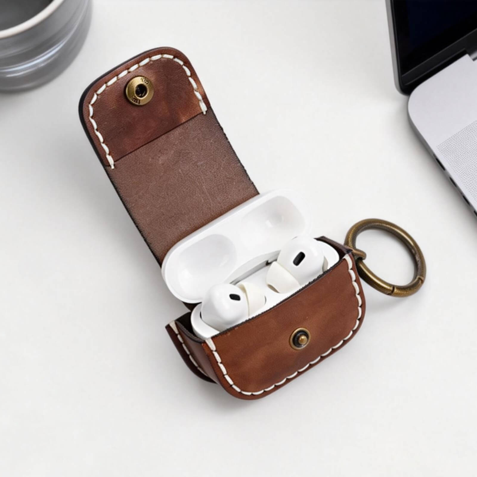 TOURBON Leather Handmade Earbuds Case with Keychain
