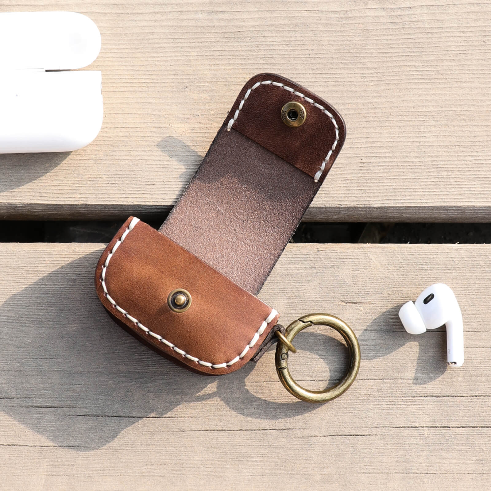 TOURBON Leather Handmade Earbuds Case with Keychain