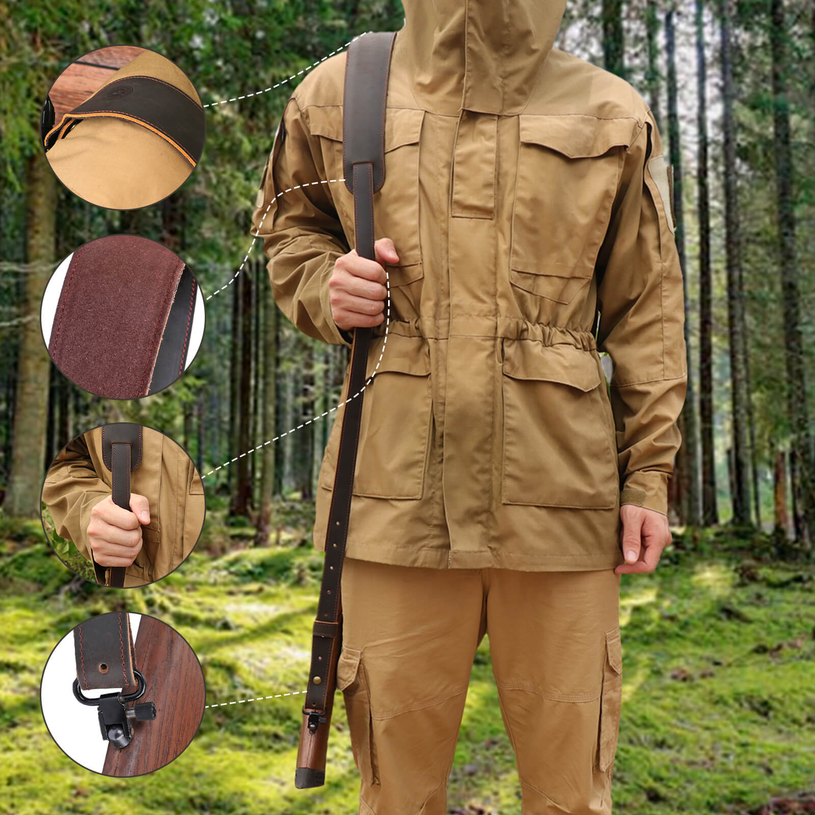 TOURBON Leather Hunting Sling Adjustable Wide Shoulder Pad 43"