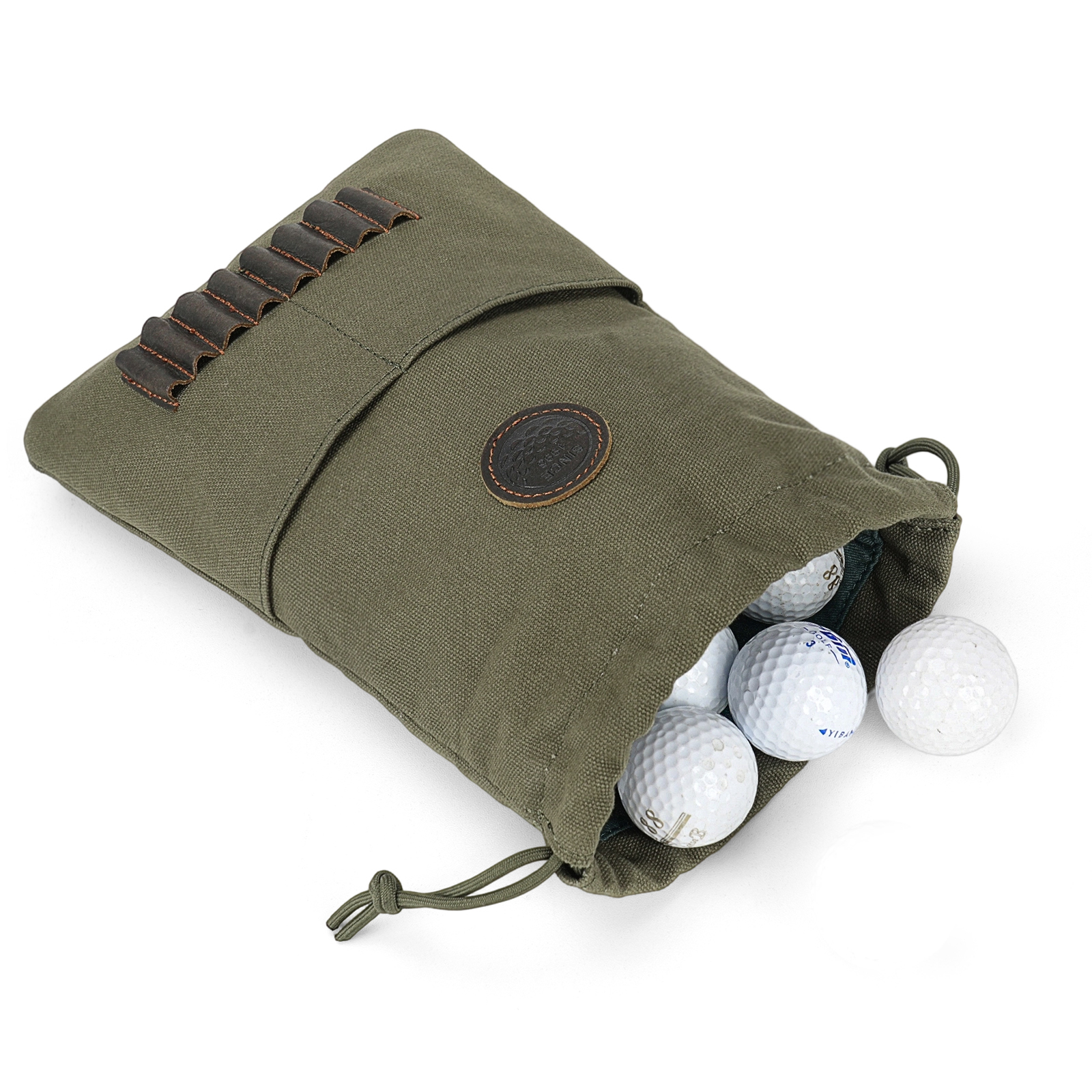 TOURBON Canvas Golf Ball Bag with Leather Tee Holder Olive Green