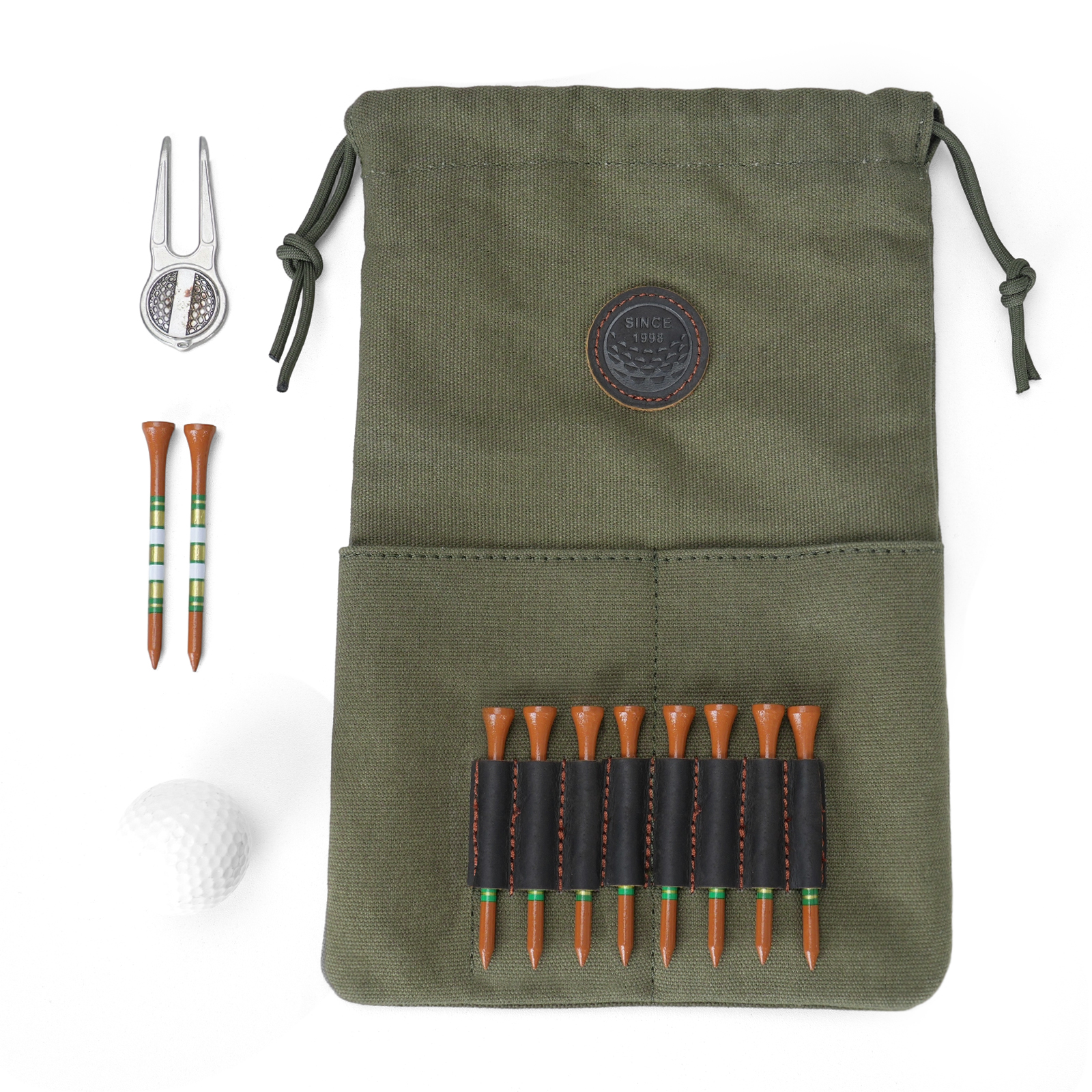 TOURBON Canvas Golf Ball Bag with Leather Tee Holder Olive Green