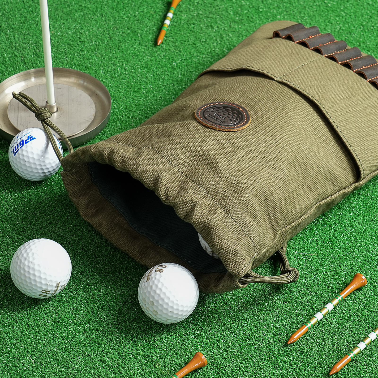 TOURBON Canvas Golf Ball Bag with Leather Tee Holder Olive Green