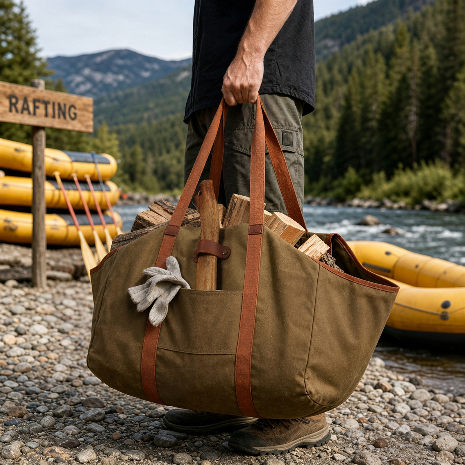 Tourbon Large Waxed Canvas Log Carrier Tote with Leather Axe Holder