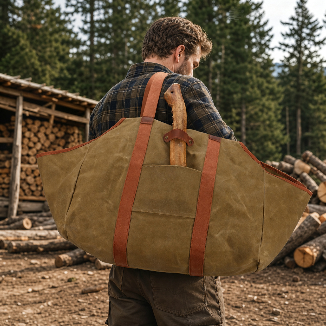 Tourbon Large Waxed Canvas Log Carrier Tote with Leather Axe Holder