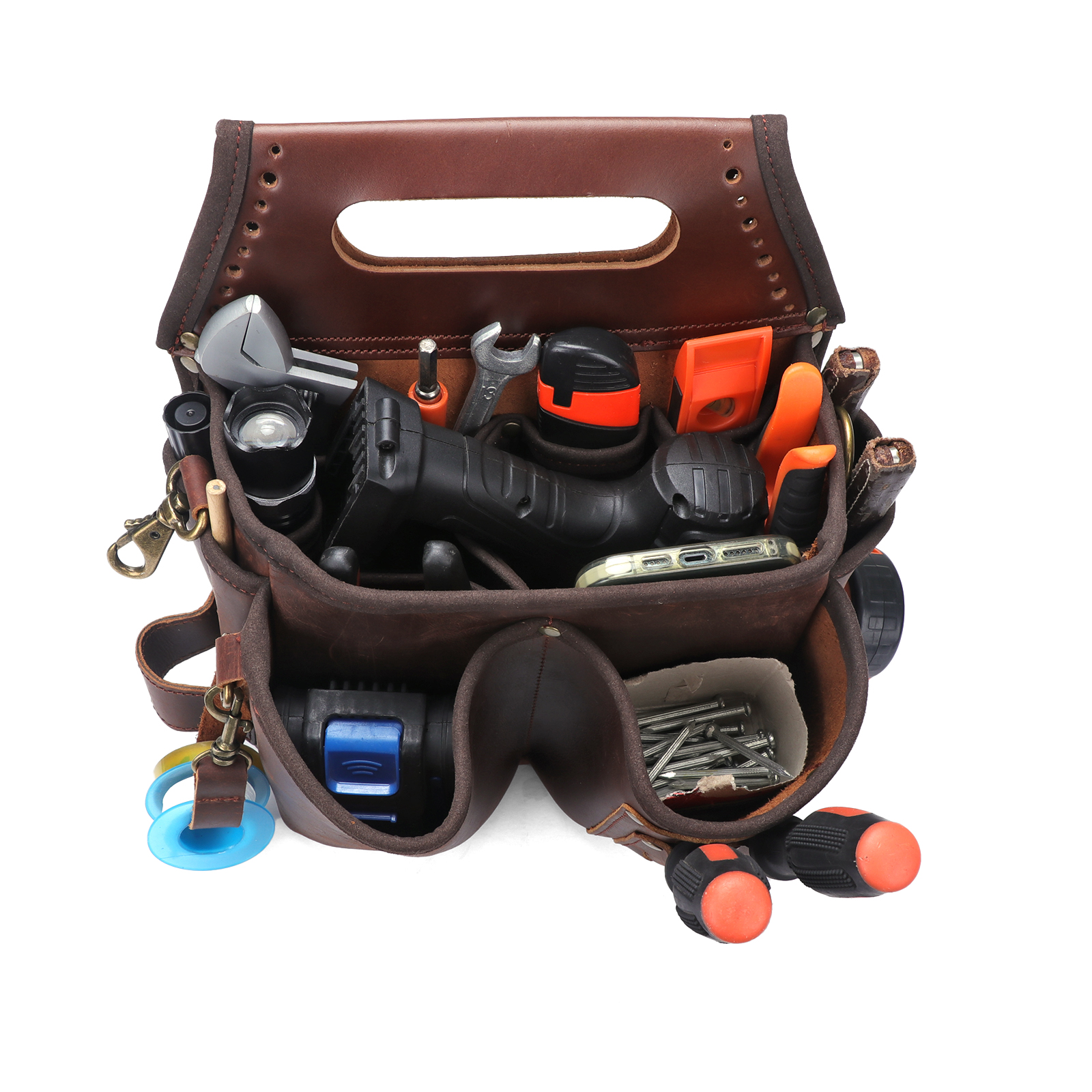 TOURBON Leather Work Tool Belt Pouch Tool Organiser Bag for Electricians Carpenters Builders