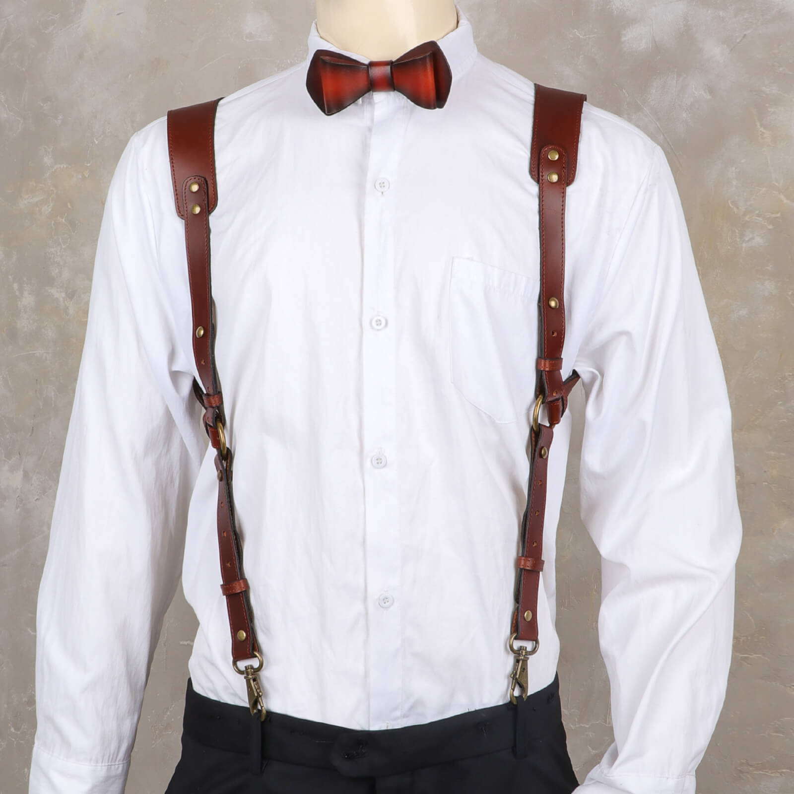 TOURBON Men's Genuine Leather Harness Suspenders Adjustable Vintage Braces