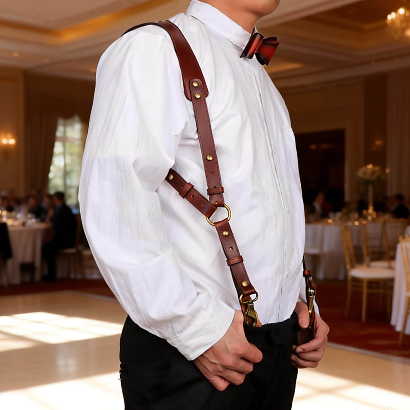 TOURBON Men's Genuine Leather Harness Suspenders Adjustable Vintage Braces