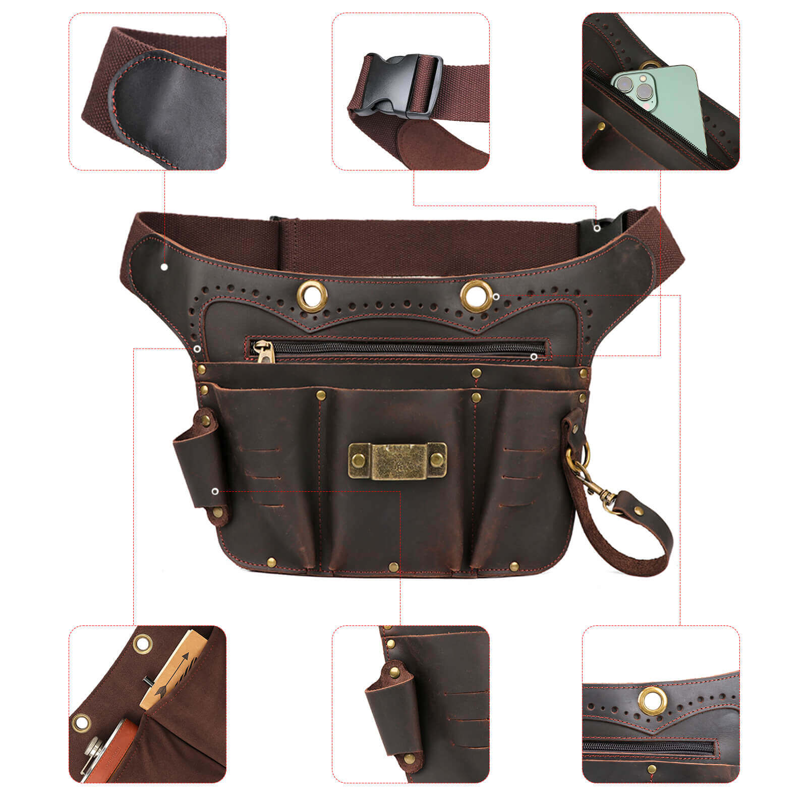 Tourbon Leather Utility Tool Belt Pouch 8 Pockets Tools Holster 