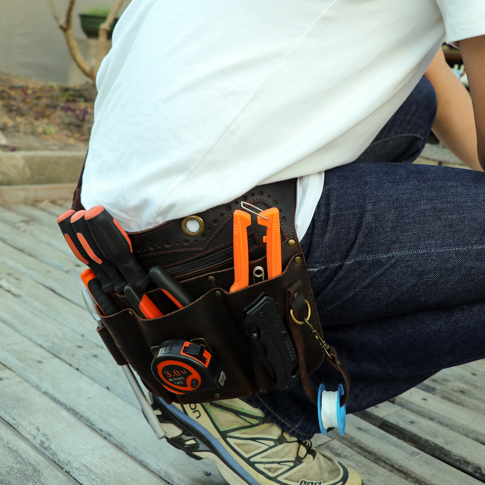 Tourbon Leather Utility Tool Belt Pouch 8 Pockets Tools Holster 