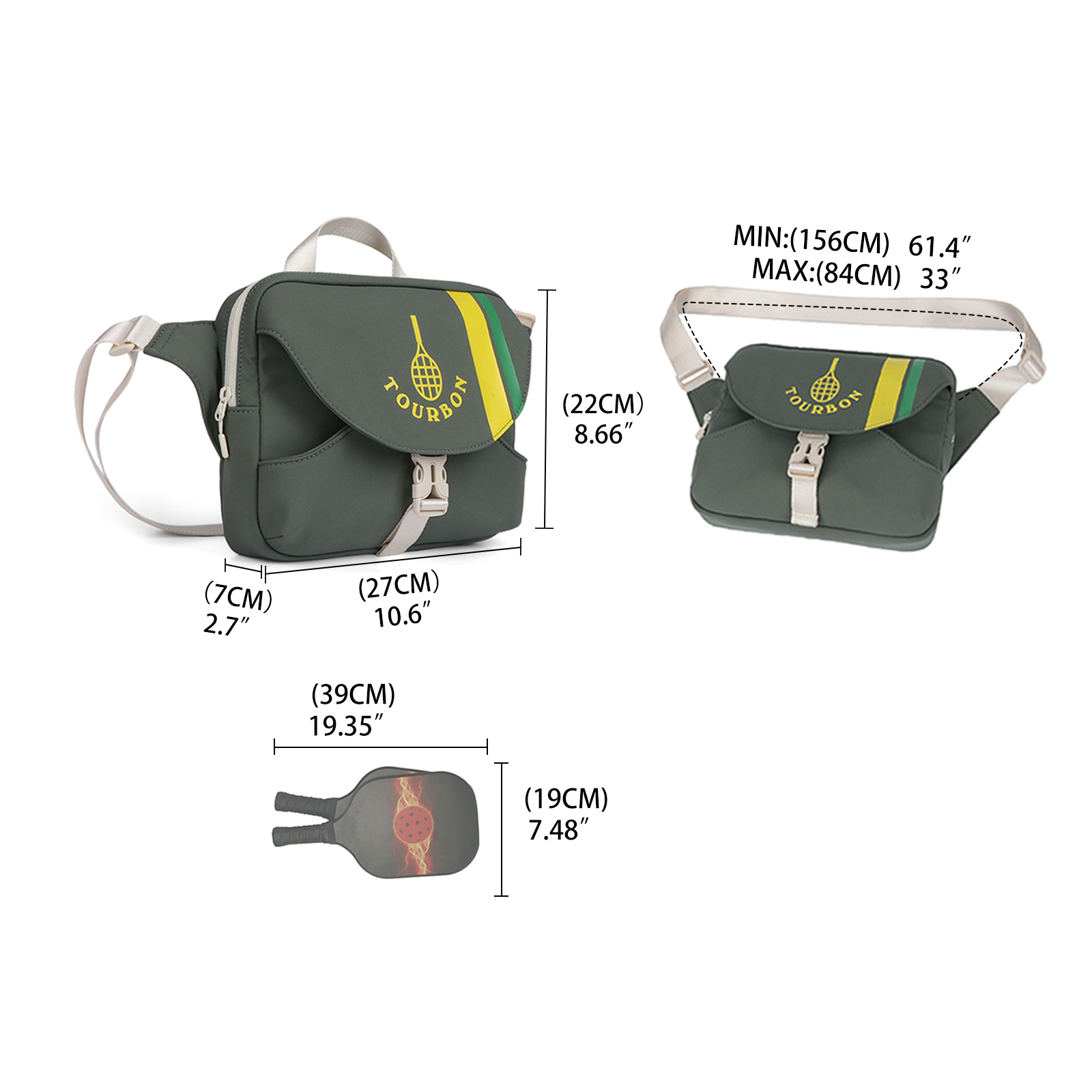 TOURBON Nylon Pickleball Bag Pickle Ball Paddle Sling Bag