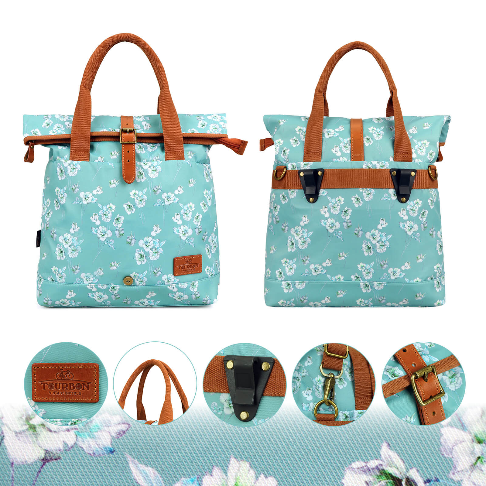 TOURBON Canvas and Leather Roll-top Clip-On Bicycle Panniers Women