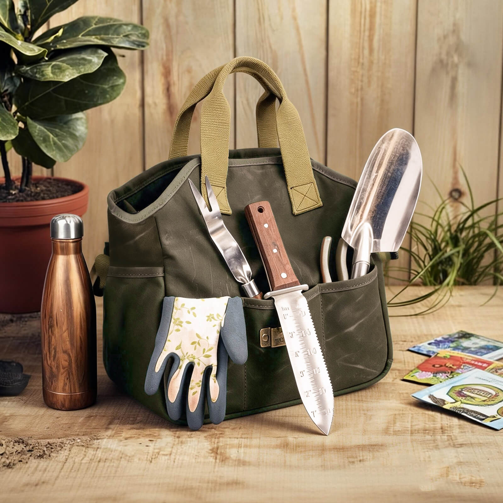 Tourbon Waxed Canvas Gardening Tools Storage Tote Bag