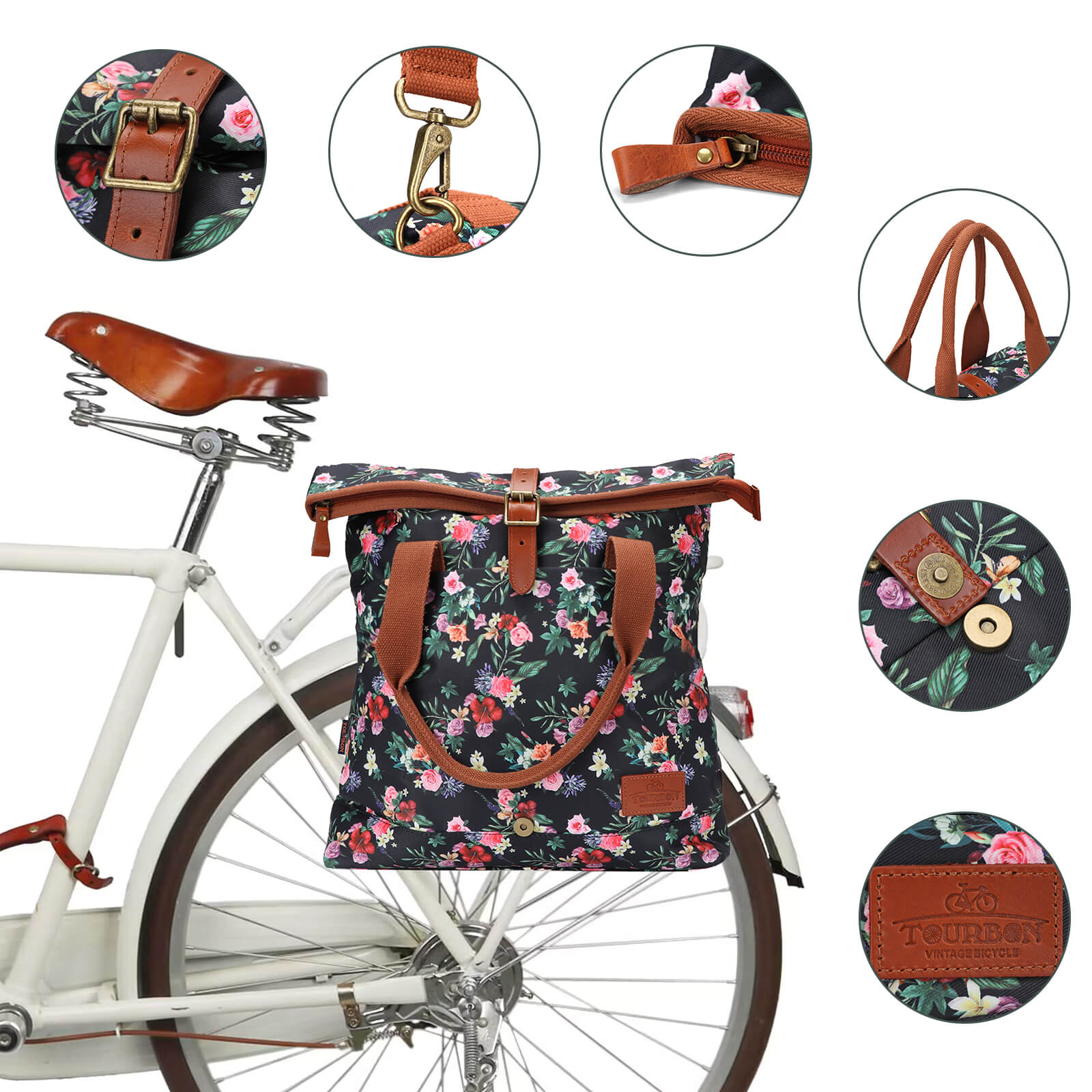 TOURBON Canvas and Leather Roll-top Clip-On Bicycle Panniers Women