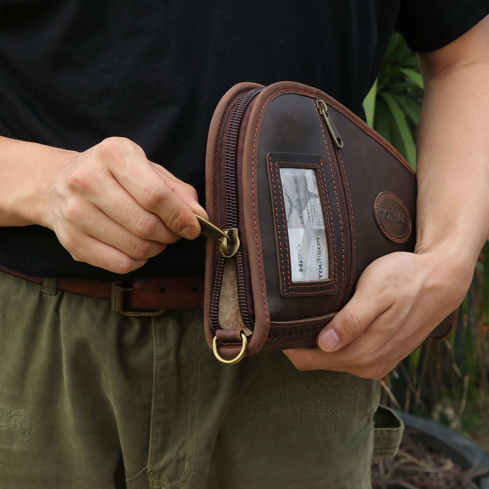 TOURBON Genuine Leather Hunting Bag Fleece Lined Brown