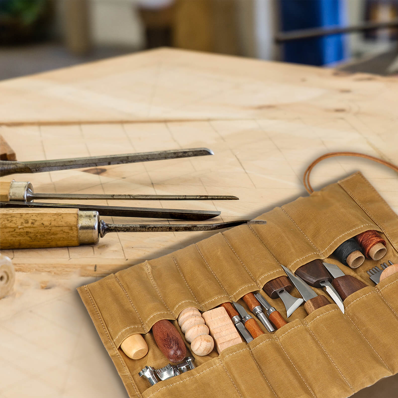 TOURBON Waxed Canvas Roll up Pouch 15 Pockets Hand Tools Organizer 