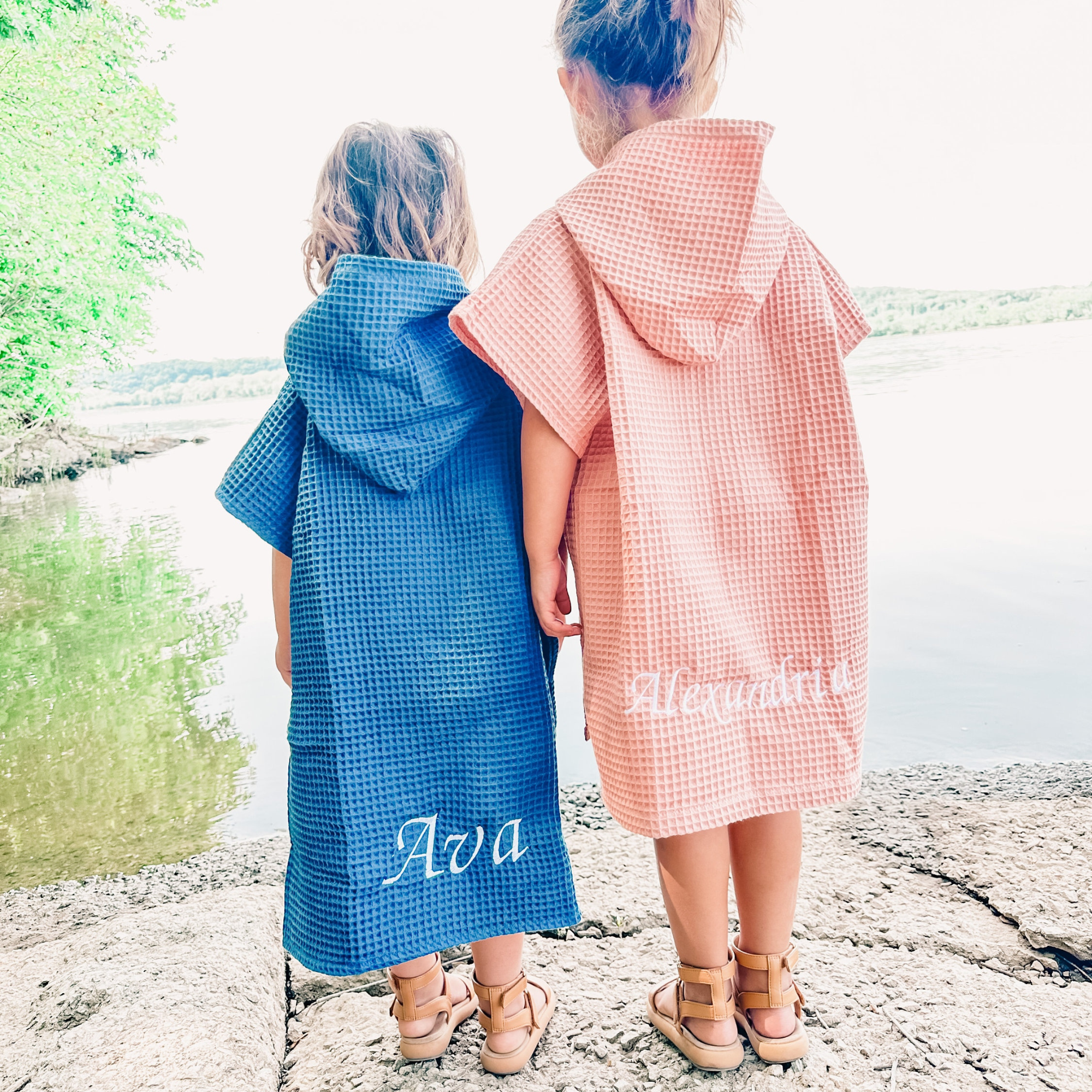 Personalized Embroidery Kids Waffle Beach Towel Poncho for Summer & Beach 