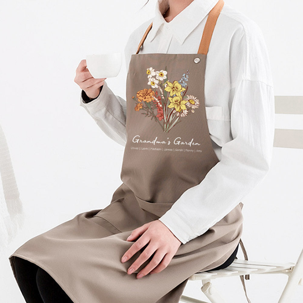 50%OFF⭐️Personalized Birth flower Bouquet Names Apron Waterproof